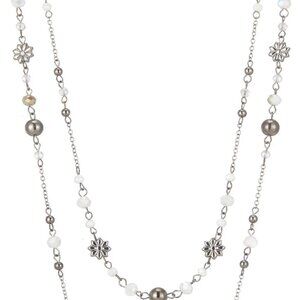 Layered Silver Beaded Necklace with Crystals and Pearls Vintage Gift for Women